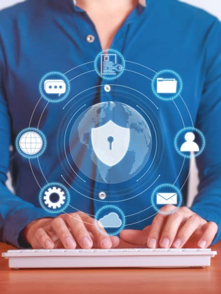 Vertical photo about the concept of cybersecurity, protection of the user's private data, files and documents. Security screen on the Internet.