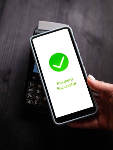 Successful Payment Process On A Smartphone Screen While Paying With A Wireless Terminal