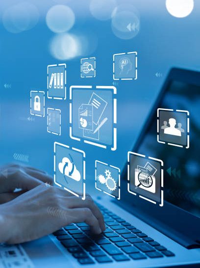 Businesswoman using a computer to document management concept, online documentation database and digital file storage system/software, records keeping, database technology, file access, doc sharing.